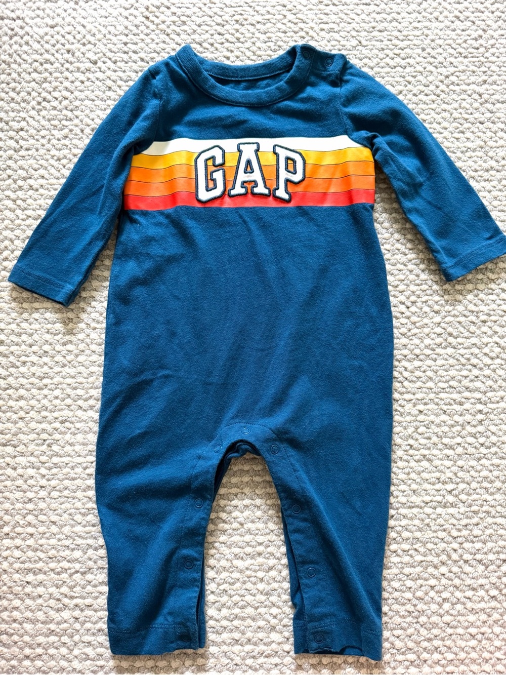 GAP Navy Blue Long-Sleeve One-Piece with Retro Stripe 6-12 months- worn once